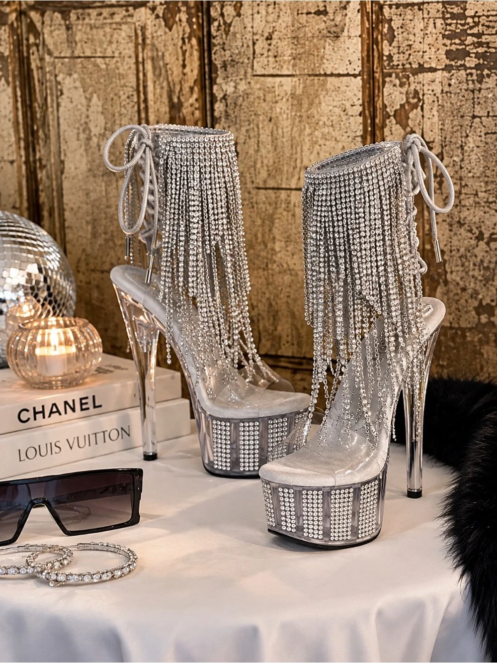 Pleaser Crystal Fringe Platform Heels | Rhinestone Clear Silver | NIB Size 8